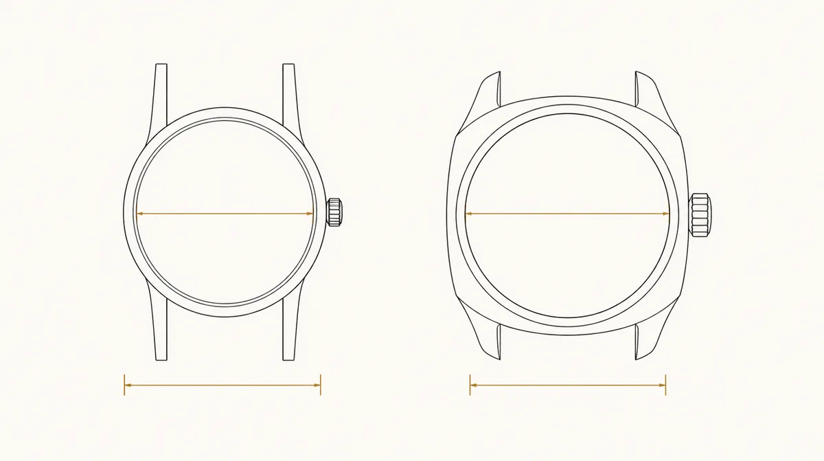 Diagram of two watch cases at the same scale. The smaller round case has long straight lugs. The larger cushion case has short curved lugs, so its overall length is only a little greater. Brass lines mark case diameter and lug-to-lug.
