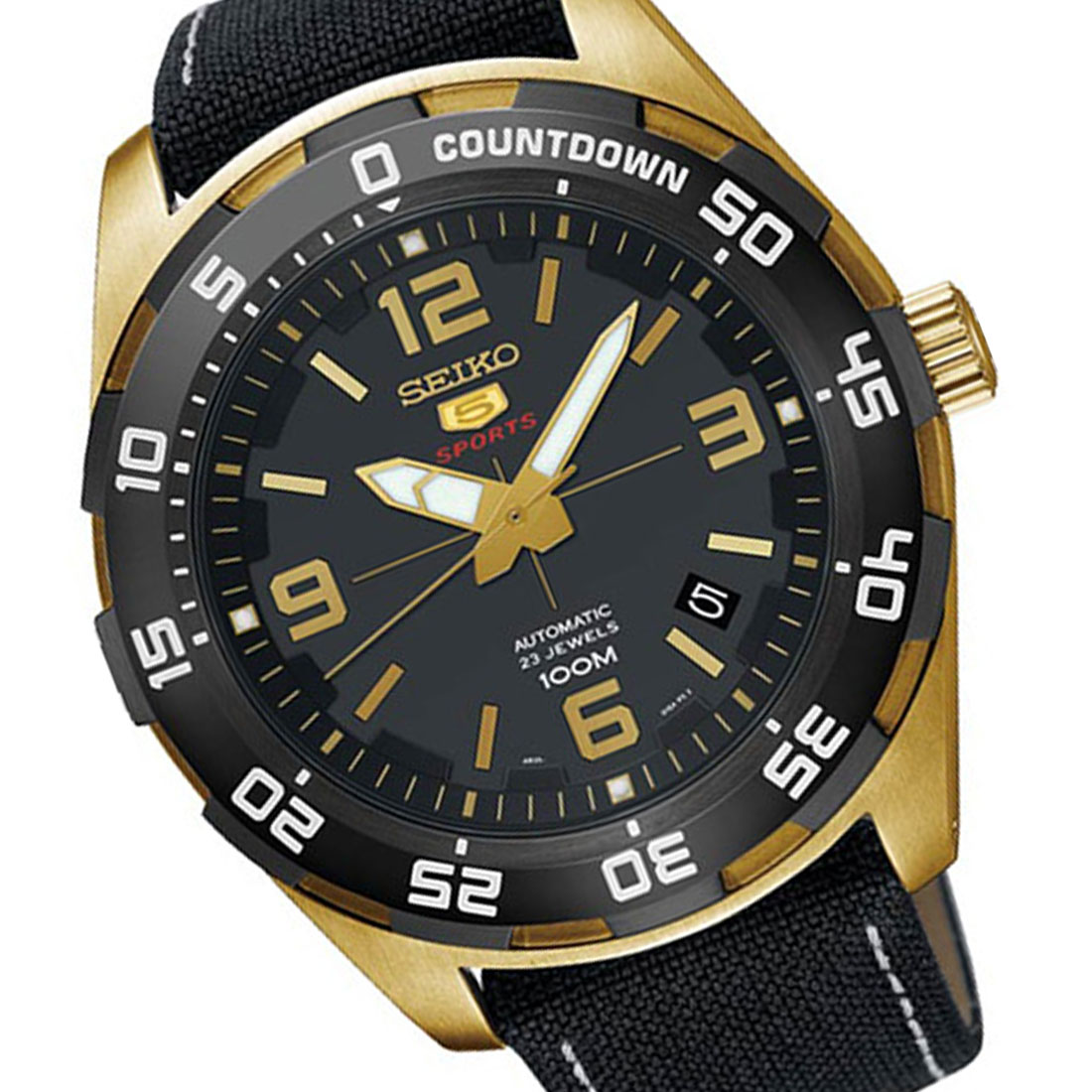 SEIKO 5 Sports Automatic SRPB86 SRPB86K Gold Stainless Steel Black Mens ...