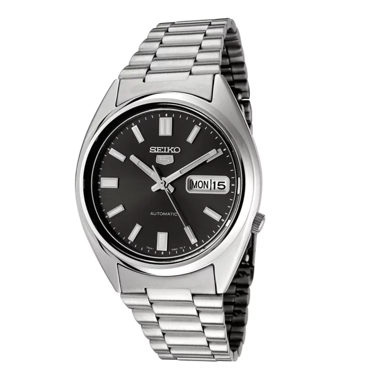 Seiko 5 SNXS79 black dial automatic watch front view