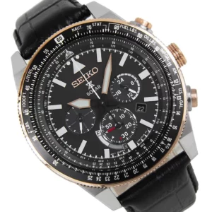 A side profile of the Seiko SSC611 Prospex Solar Chronograph watch showing its stainless steel case, crown, and pushers.