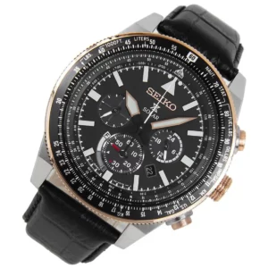 Close-up of the Seiko SSC611 watch face highlighting its chronograph sub-dials, date window, and luminous markers.