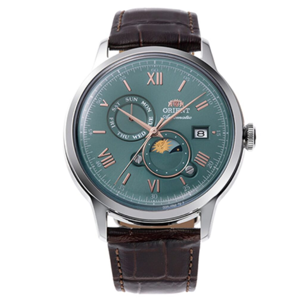 Orient Bambino Sun and Moon automatic dress watch green dial Australia