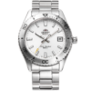Orient RA-AC0Q03S10B mechanical sports watch with white dial, silver hands, stainless steel bracelet, front view