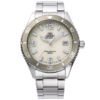 Orient RA-WJ0003S10B solar quartz sports diver watch with ivory sunburst dial, silver hands, and stainless steel bracelet on neutral background