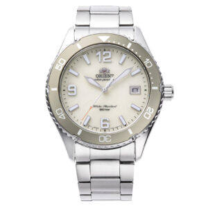Orient RA-WJ0003S10B solar quartz watch side angle showing crown and bezel, ivory dial
