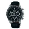 Seiko SBTR021 Spirit Selection black dial chronograph watch with stainless steel case and black leather strap front view