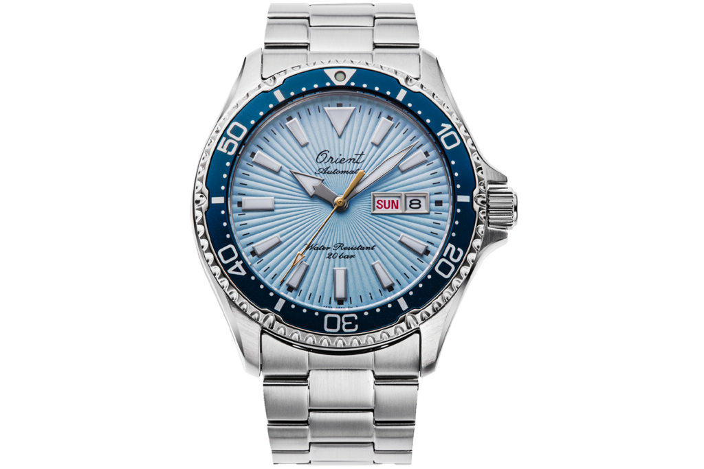 Orient RA-AA0823L39B 75th Anniversary Kamasu diver watch with sky blue sunburst dial and stainless steel case front view