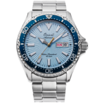 Orient RA-AA0823L39B 75th Anniversary Kamasu diver watch with sky blue sunburst dial and stainless steel case front view