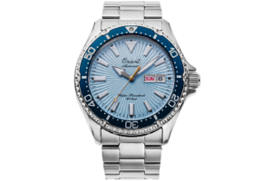 Orient RA-AA0823L39B 75th Anniversary Kamasu diver watch with sky blue sunburst dial and stainless steel case front view