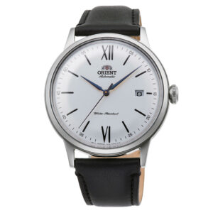 Orient RA-AC0022S10B Classic Bambino white dial automatic watch with black leather strap and blue hands - detailed product image