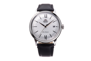 Orient RA-AC0022S10B Bambino automatic dress watch with white dial, black leather strap, Roman numerals and bar indices - front view