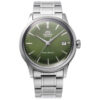 Orient Bambino RA-AC0M09E30B watch with forest green dial and steel bracelet, detailed product view showing automatic movement