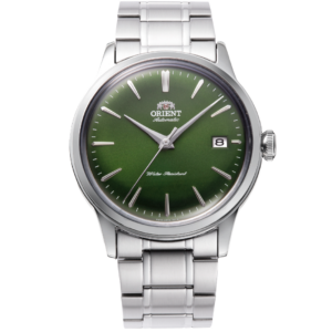 Orient Bambino RA-AC0M09E30B automatic watch with green dial and stainless steel bracelet, 38mm case diameter, front view