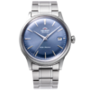 Orient Bambino RA-AC0M10L30B automatic watch with blue dial and stainless steel bracelet, front view showing classic dress watch design with domed crystal