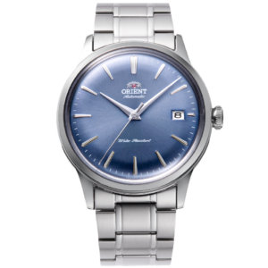 Orient Bambino RA-AC0M10L30B automatic watch with blue dial and stainless steel bracelet, front view showing classic dress watch design with domed crystal