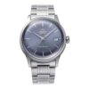 Orient Bambino RA-AC0M10L30B dress watch with blue dial, silver hour markers, automatic movement display and stainless steel metal bracelet