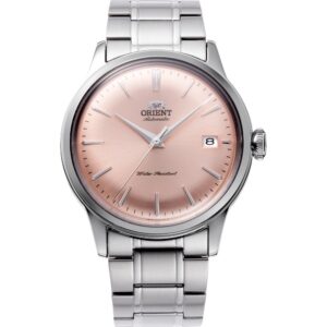 Orient RA-AC0M11Y30B Bambino automatic watch with pink dial and stainless steel bracelet detailed view