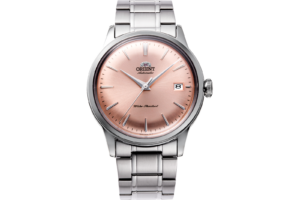 Orient RA-AC0M11Y30B Bambino Version 7 automatic dress watch with pink dial and stainless steel bracelet front view
