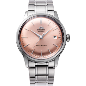 Orient RA-AC0M11Y30B Bambino Version 7 automatic dress watch with pink dial and stainless steel bracelet front view