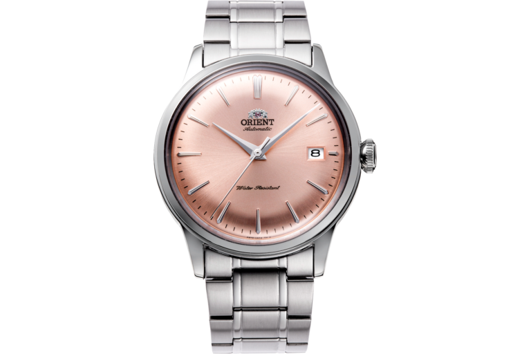 Orient Bambino RA-AC0M11Y30B Version 7 pink salmon automatic dress watch front view