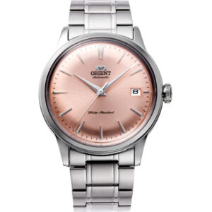 Orient RA-AC0M11Y30B Bambino Version 7 38mm dress watch featuring pink dial and steel bracelet product shot