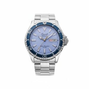 Silver watch with blue dial.