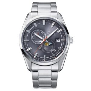 Orient RA-AK0311N30B automatic watch close-up angle highlighting the sun and moon sub-dial, limited edition engravings, and sapphire crystal on white background