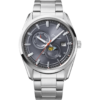Orient RA-AK0311N30B 75th anniversary limited edition automatic watch front view with grey dial, sun and moon complication, stainless steel bracelet, clear watch face on neutral background