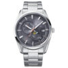 Orient RA-AK0311N30B men's watch side profile view showing stainless steel case thickness, grey dial with open heart, and metal bracelet