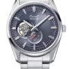 Orient RA-AR0012N30B automatic watch close-up view highlighting dial features and open heart movement, silver case