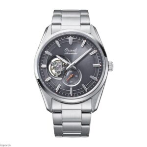 Orient RA-AR0012N30B 75th Anniversary limited edition semi-skeleton automatic watch front view with stainless steel bracelet, white dial, and clear sapphire crystal