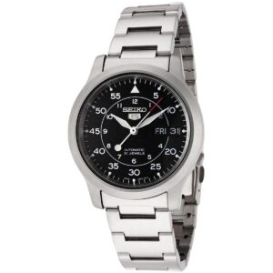 Seiko 5 SNK809 automatic field watch black dial on white background