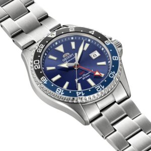 Orient Mako GMT RA-BC0003L blue dial three-quarter view on steel bracelet