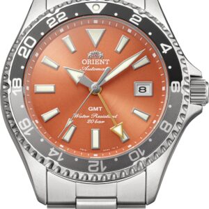 Orient Mako GMT RA-BC0004Y orange dial automatic diver watch front view