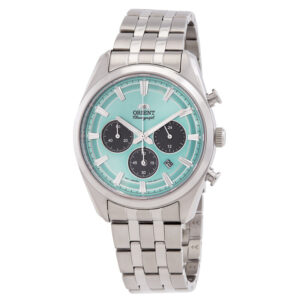Orient Stretto RN-TX0304L solar chronograph sky blue dial steel bracelet front view