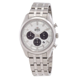 Orient Stretto RN-TX0305S solar chronograph white panda dial steel bracelet front view
