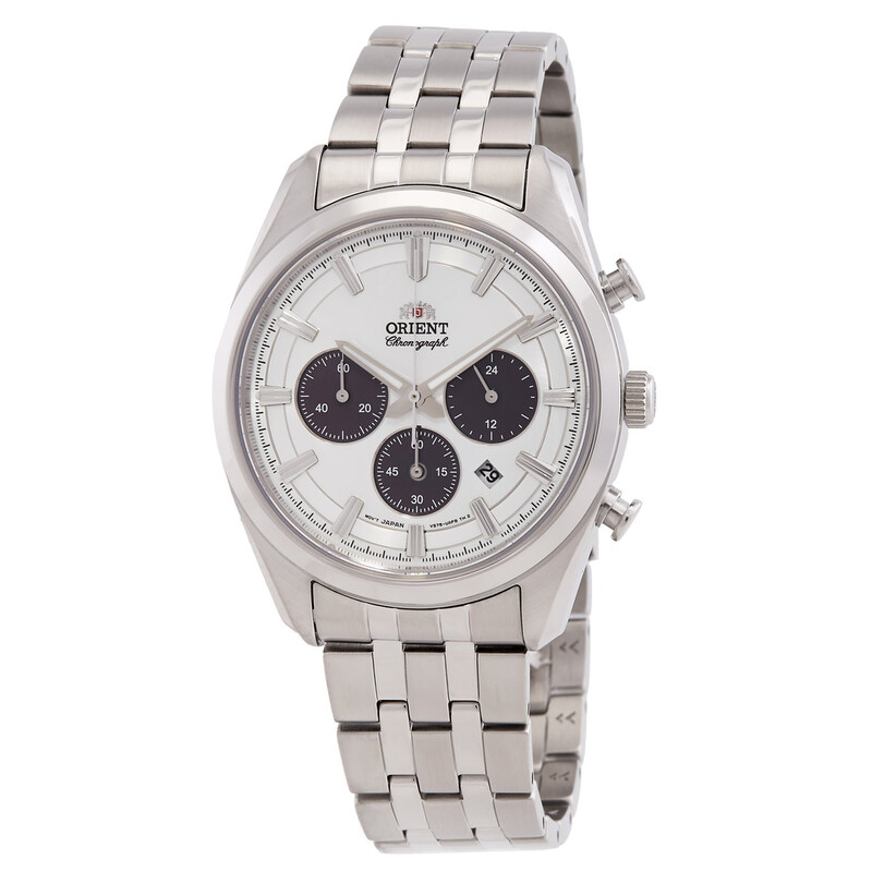 Orient Stretto RN-TX0305S solar chronograph white panda dial steel bracelet front view